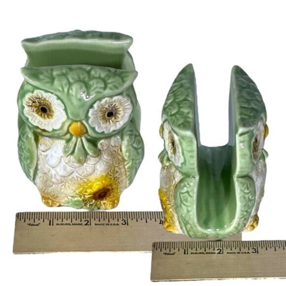 Owl Ceramic Kitchen Set Functional Hand Painted Art Green Yellow Sunflower 4 PC - Picture 6 of 15